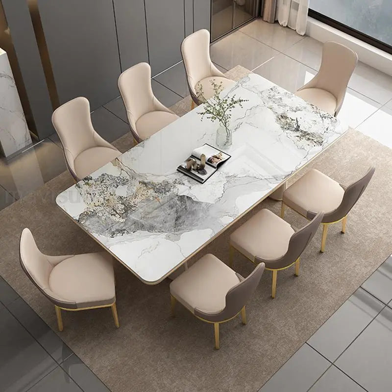 Praktfull Marmor Gull Spisebord Ensemble - Luxury Nordic Dining Table Set