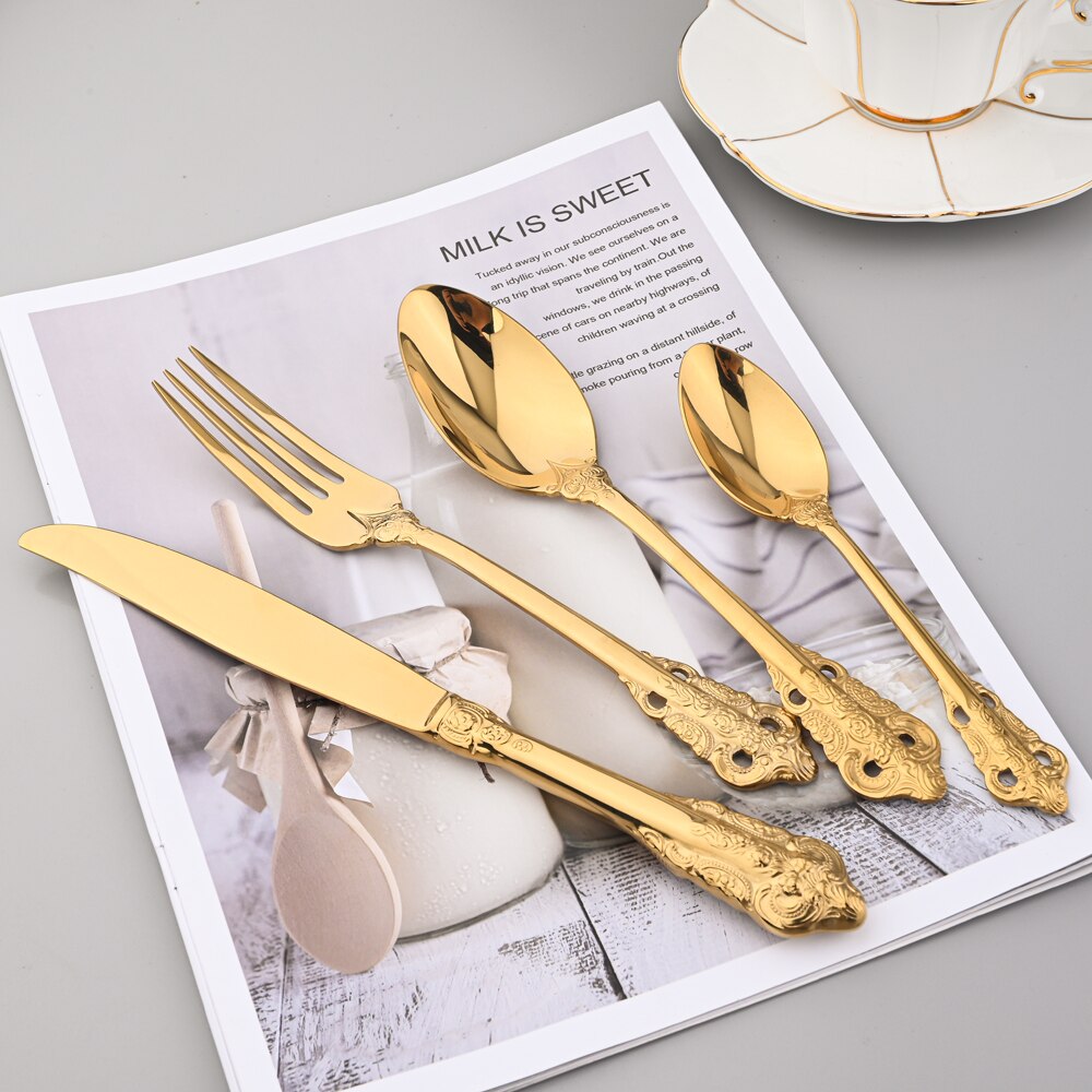 Vintage Western Plated Cutlery 18/10 Stainless Steel Luxury Gold Dinnerware Set Tableware Steak Knife Fork Spoon Silver Flatware - FuturKitchen