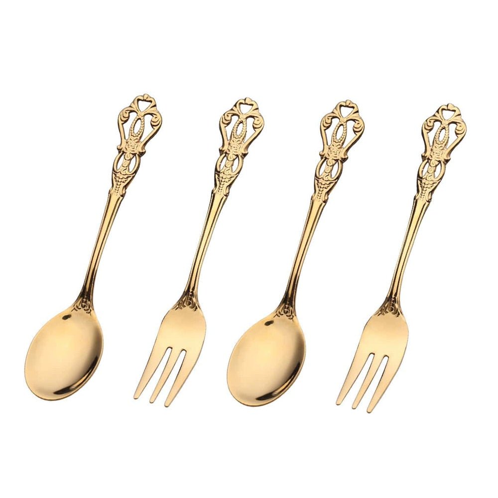 4pcs Royal Gold Stainless Steel Coffee Spoon Fruit Fork Luxury Dinnerware Afternoon Tea Kitchen Dessert Tableware Silverware - FuturKitchen