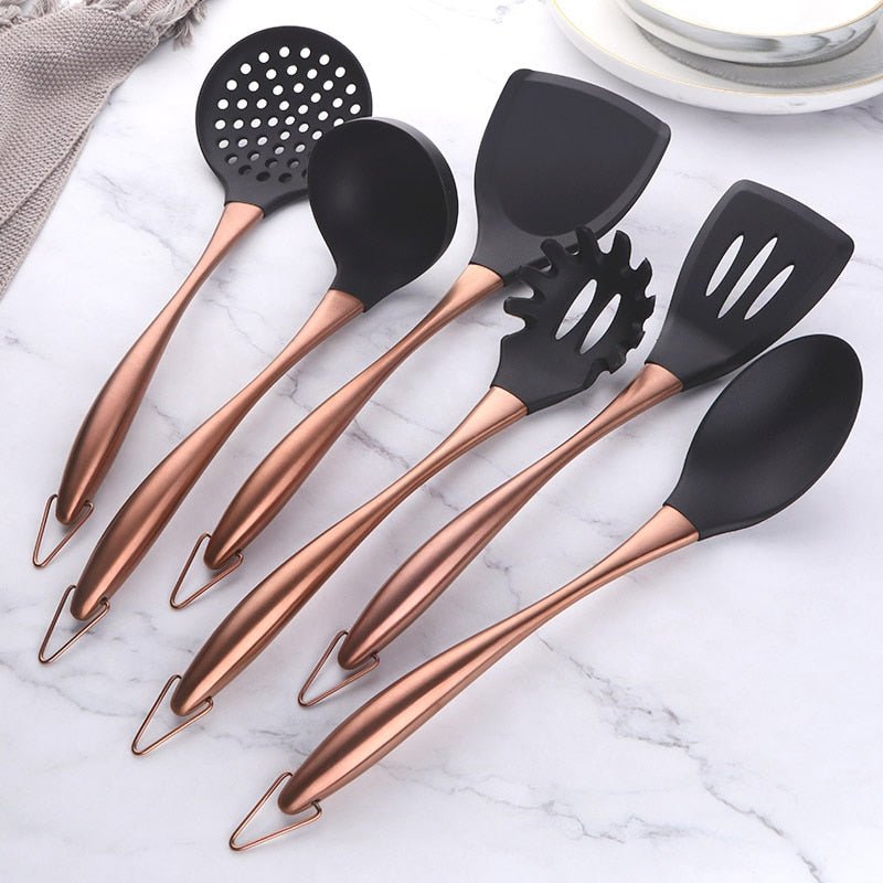 Gold Cooking Tool Set Silicone Head Kitchenware Stainless Steel Handle Soup Ladle Colander Set Turner Serving Spoon Kitchen Tool - FuturKitchen