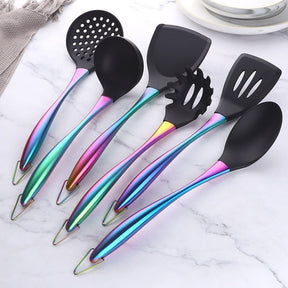 Gold Cooking Tool Set Silicone Head Kitchenware Stainless Steel Handle Soup Ladle Colander Set Turner Serving Spoon Kitchen Tool - FuturKitchen